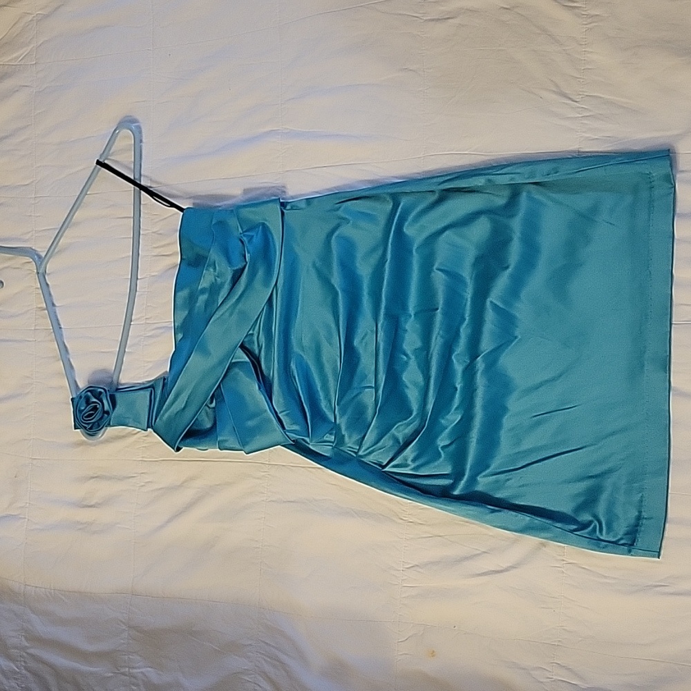 Woman's one strap aqua party dress. Zips up the back.  Size 3